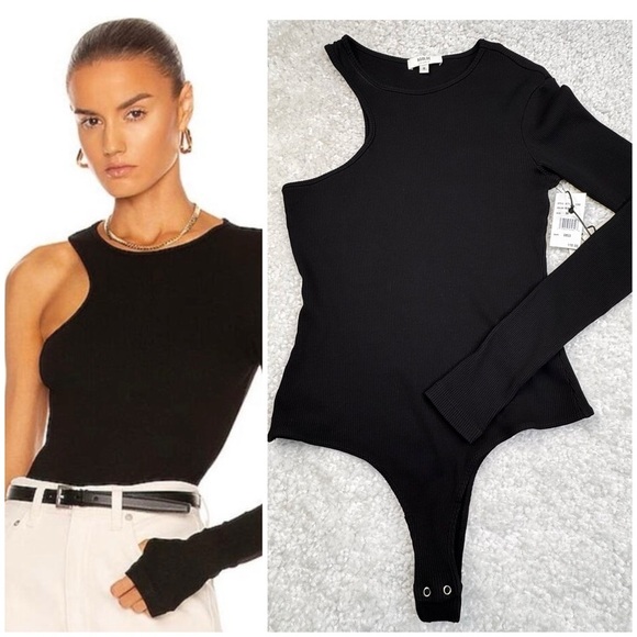 AGOLDE Bea Cutaway Bodysuit Asymmetrical Neckline Black Size Medium NWT - Picture 1 of 14